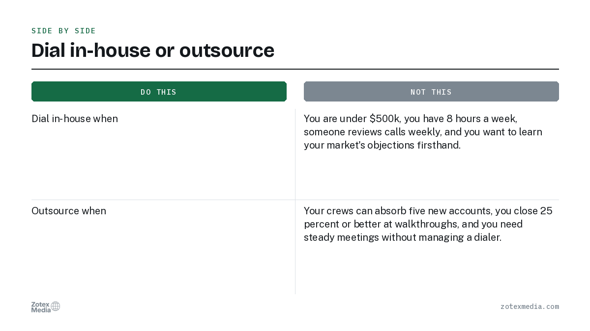 Dial in-house or outsource. Do this: Dial in-house when / Not this: You are under $500k, you have 8 hours a week, someone reviews calls weekly, and you want to learn your market's objections firsthand.; Do this: Outsource when / Not this: Your crews can absorb five new accounts, you close 25 percent or better at walkthroughs, and you need steady meetings without managing a dialer.