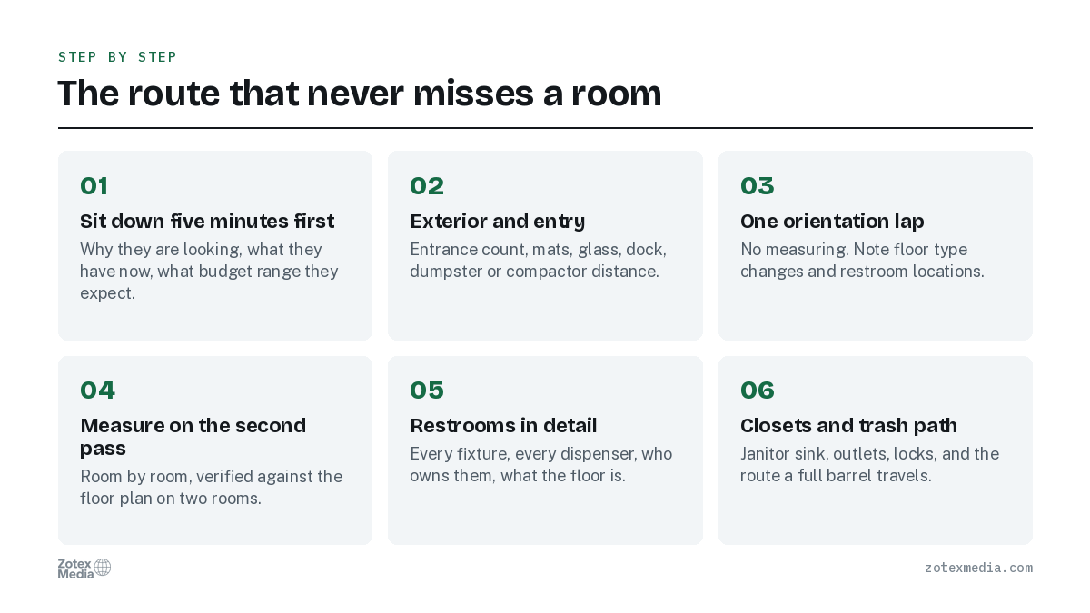 The route that never misses a room. 1. Sit down five minutes first; 2. Exterior and entry; 3. One orientation lap; 4. Measure on the second pass; 5. Restrooms in detail; 6. Closets and trash path